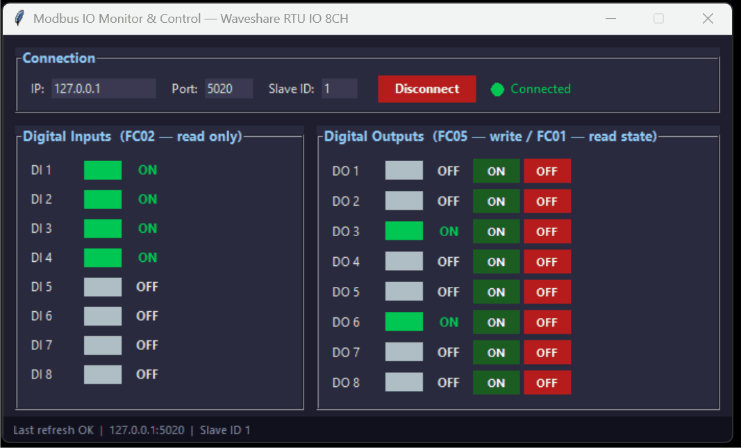 Animácia aplikácie Modbus IO Monitor — meniace sa digitálne vstupy a ovládanie výstupov